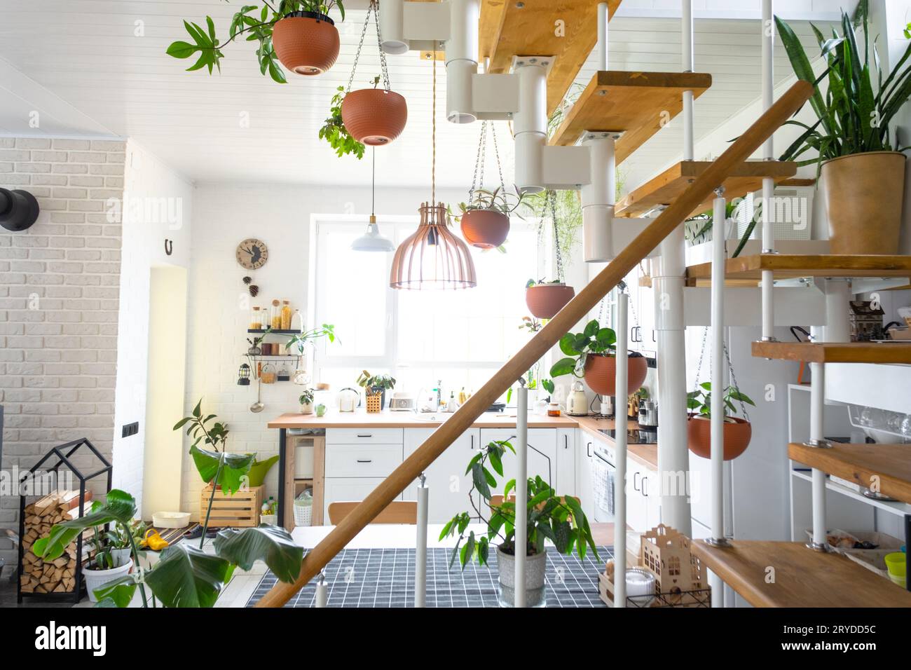 Il piano generale di una moderna cucina rustica di colore bianco chiaro con una scala modulare in metallo decorata con piante in vaso. Interno di una casa con homeplan Foto Stock