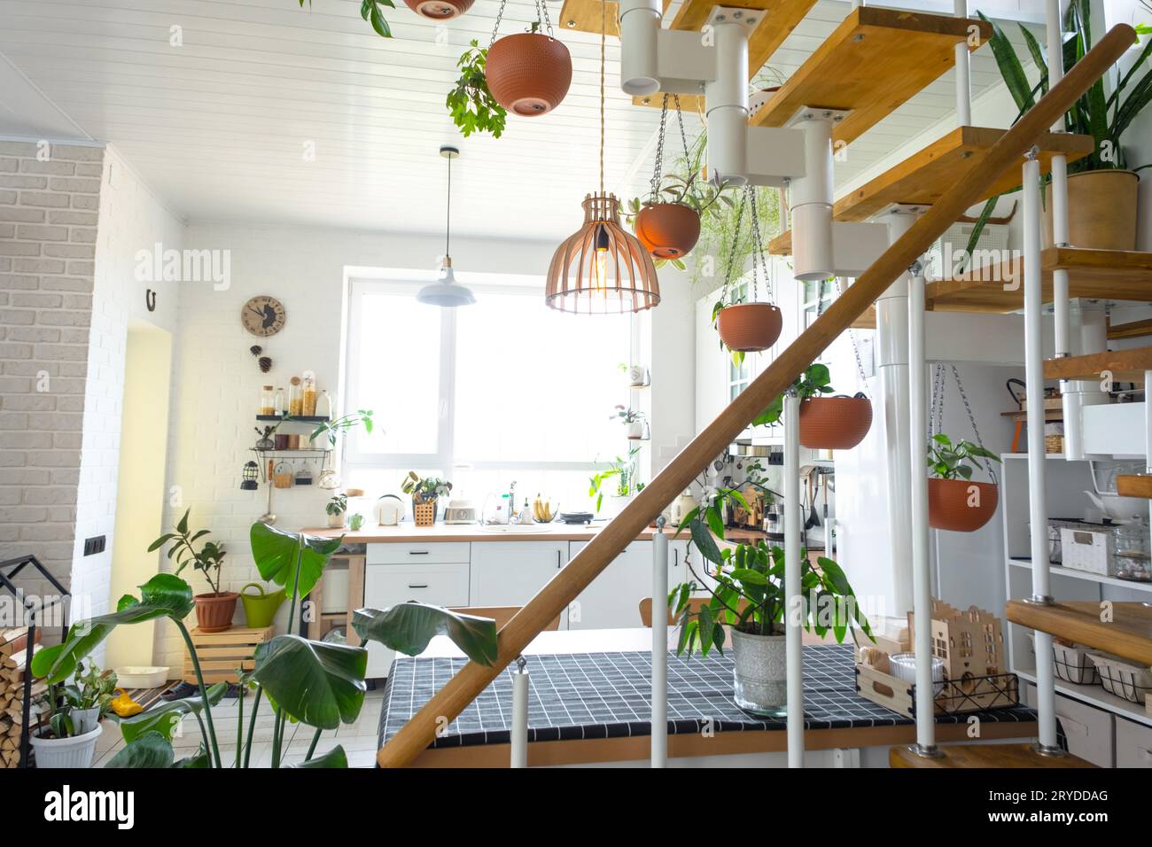 Il piano generale di una moderna cucina rustica di colore bianco chiaro con una scala modulare in metallo decorata con piante in vaso. Interno di una casa con homeplan Foto Stock