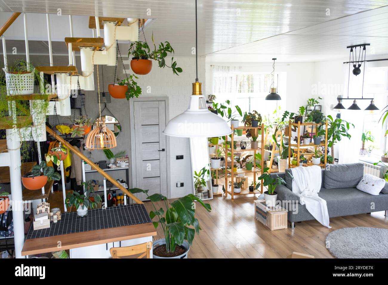 Scala modulare in metallo con gradini in legno all'interno bianco di una casa verde con piante in vaso, vaso di fiori appeso, paralume Foto Stock