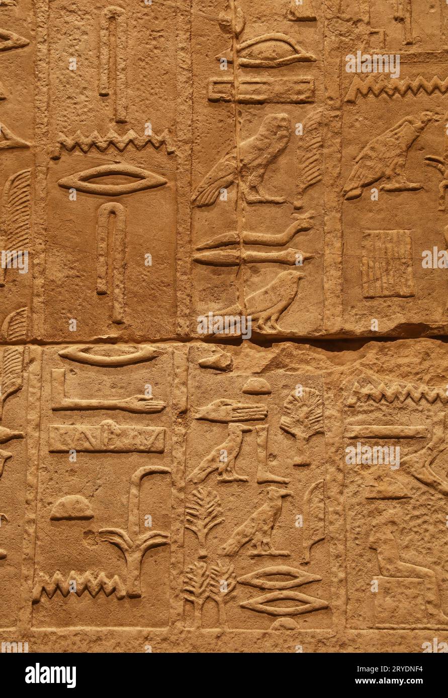 Muro di pietra con antichi geroglifici egiziani Foto Stock