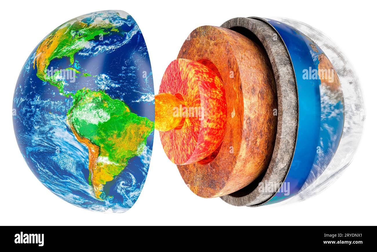 Strati terrestri, struttura interna della Terra, sezione trasversale della Terra. Rendering 3D isolato su sfondo bianco Foto Stock