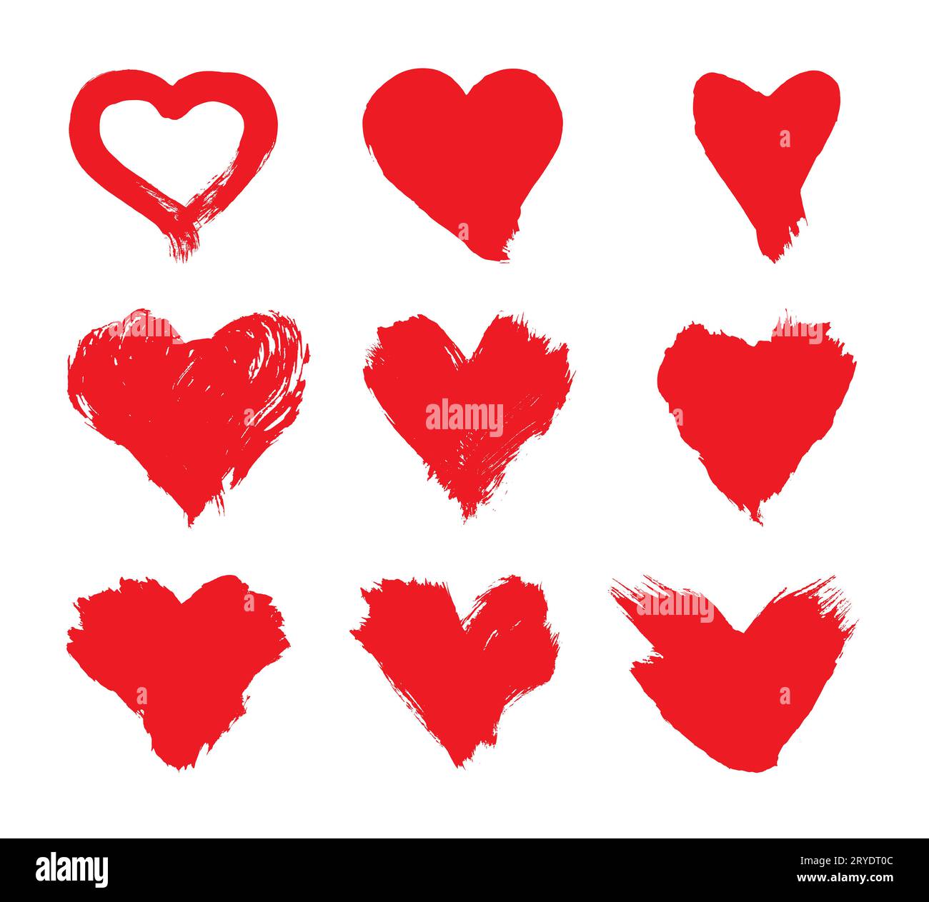 Serie di illustrazioni vettoriali di grunge spazzolata dipinte di rosso cuore forme isolate su sfondo bianco Foto Stock
