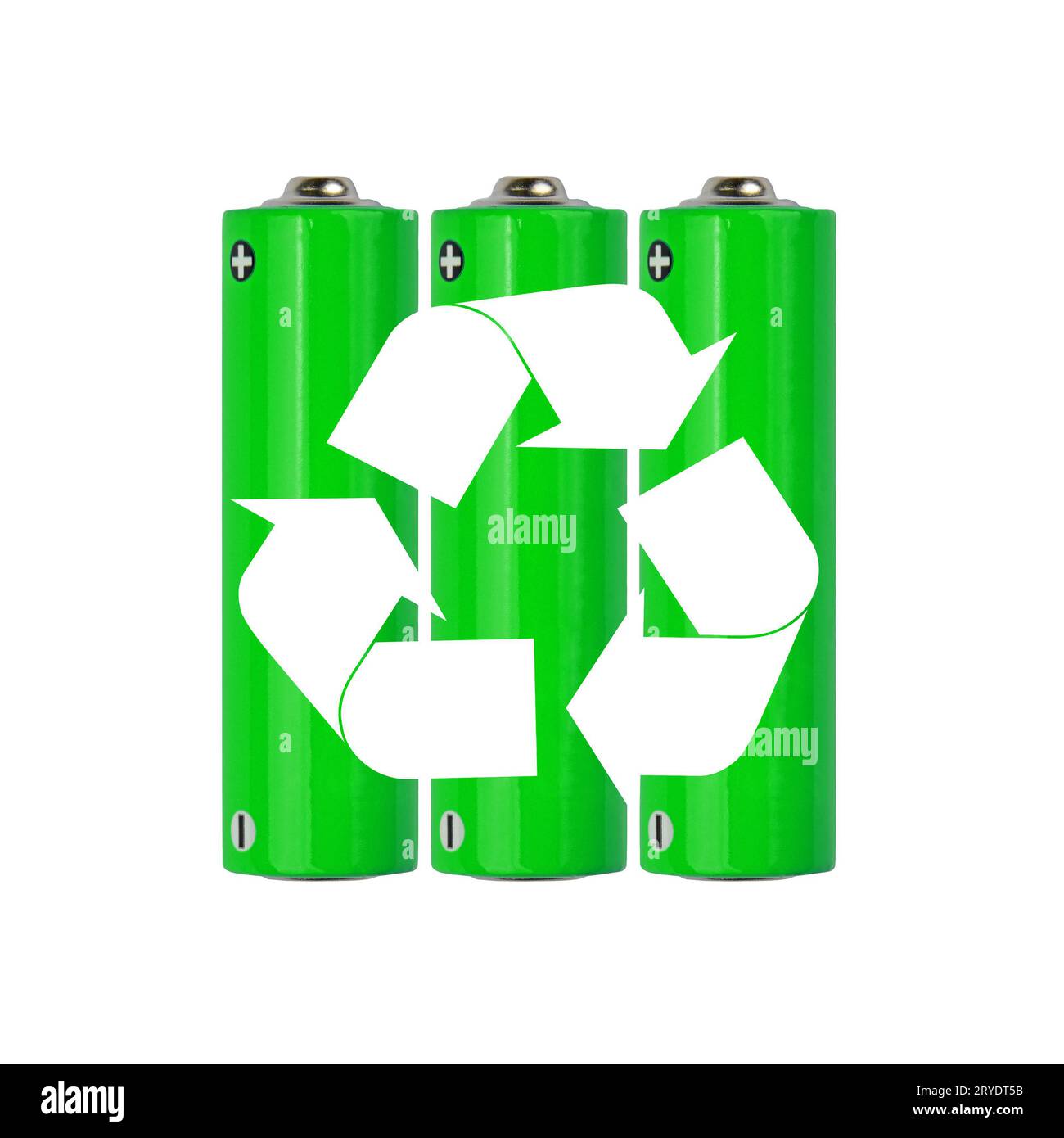 Batterie alcaline AA verdi con simbolo di riciclaggio Foto Stock