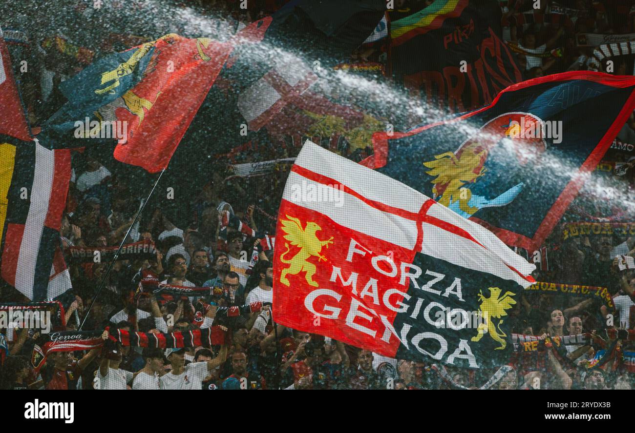 Genova, Italia. 28 settembre 2023. Genoa Supporters durante Genoa CFC vs AS Roma, partita di serie A di Genova, Italia, settembre 28 2023 Credit: Independent Photo Agency/Alamy Live News Foto Stock