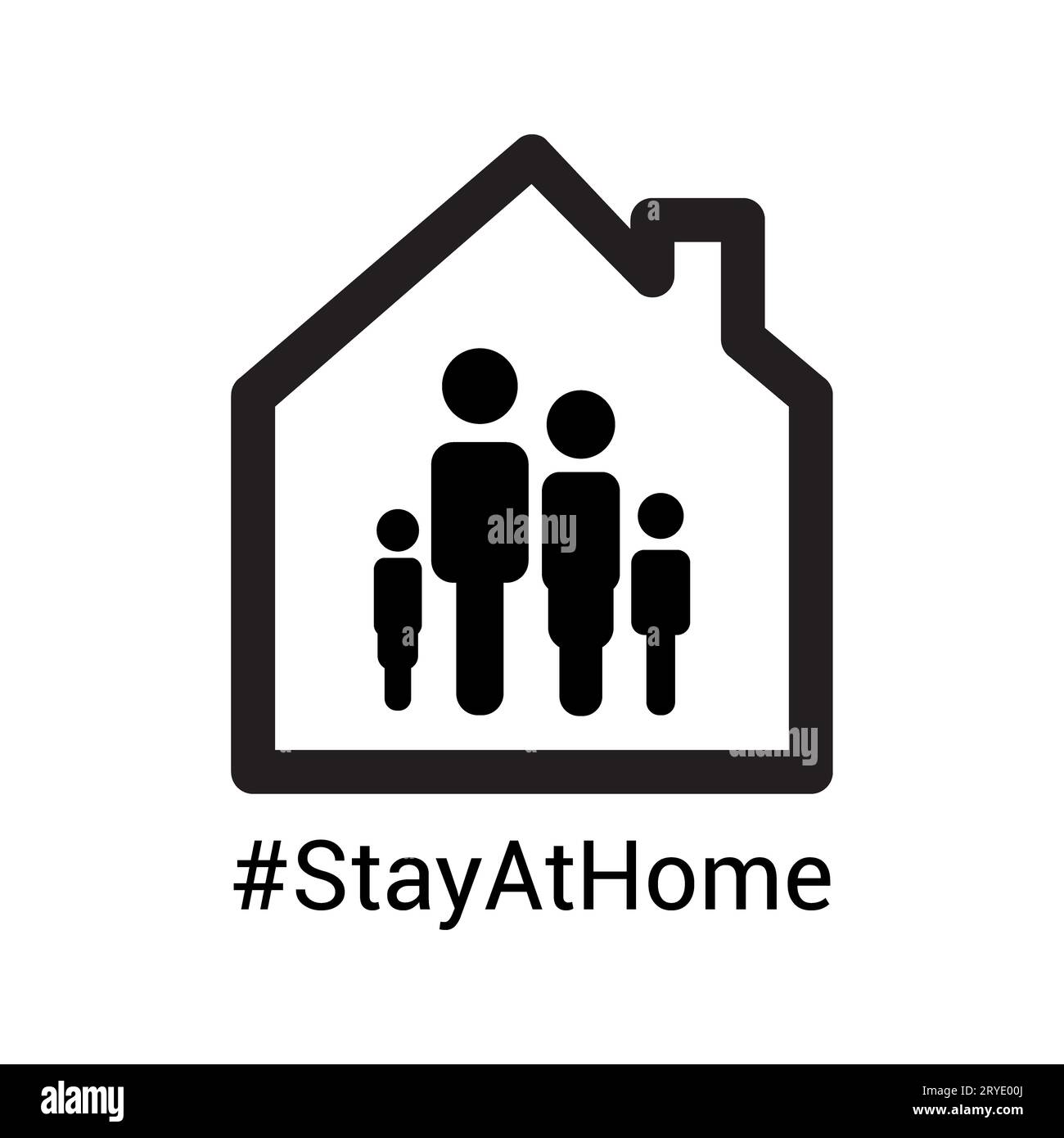 Icona casa con famiglia all'interno con hashtag resta a casa. Quarantena o raccomandazione del virus COVID-19 da coronavirus Foto Stock