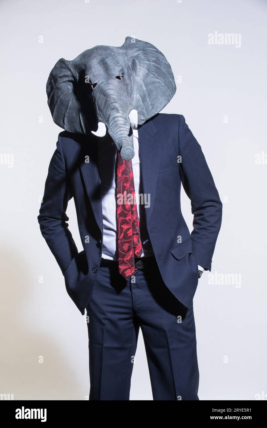 Un uomo con una maschera di elefante su uno sfondo chiaro Foto Stock
