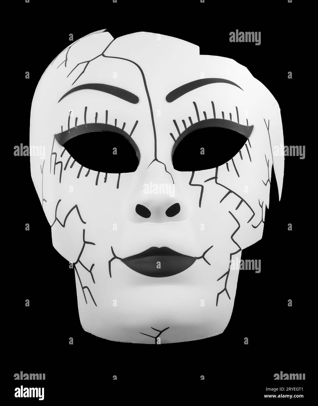 Maschera viso bambola rotta isolata su nero Foto Stock