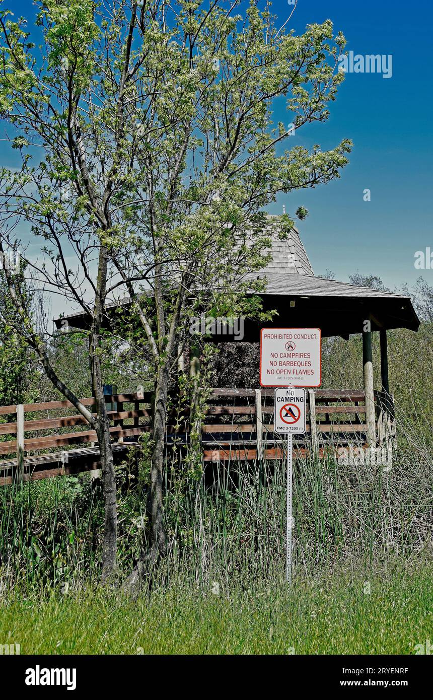 Nessun cartello per campeggiare vicino al gazebo nella Stivers Lagoon Nature area di Central Park e al lago Elizabeth a Fremont, California Foto Stock