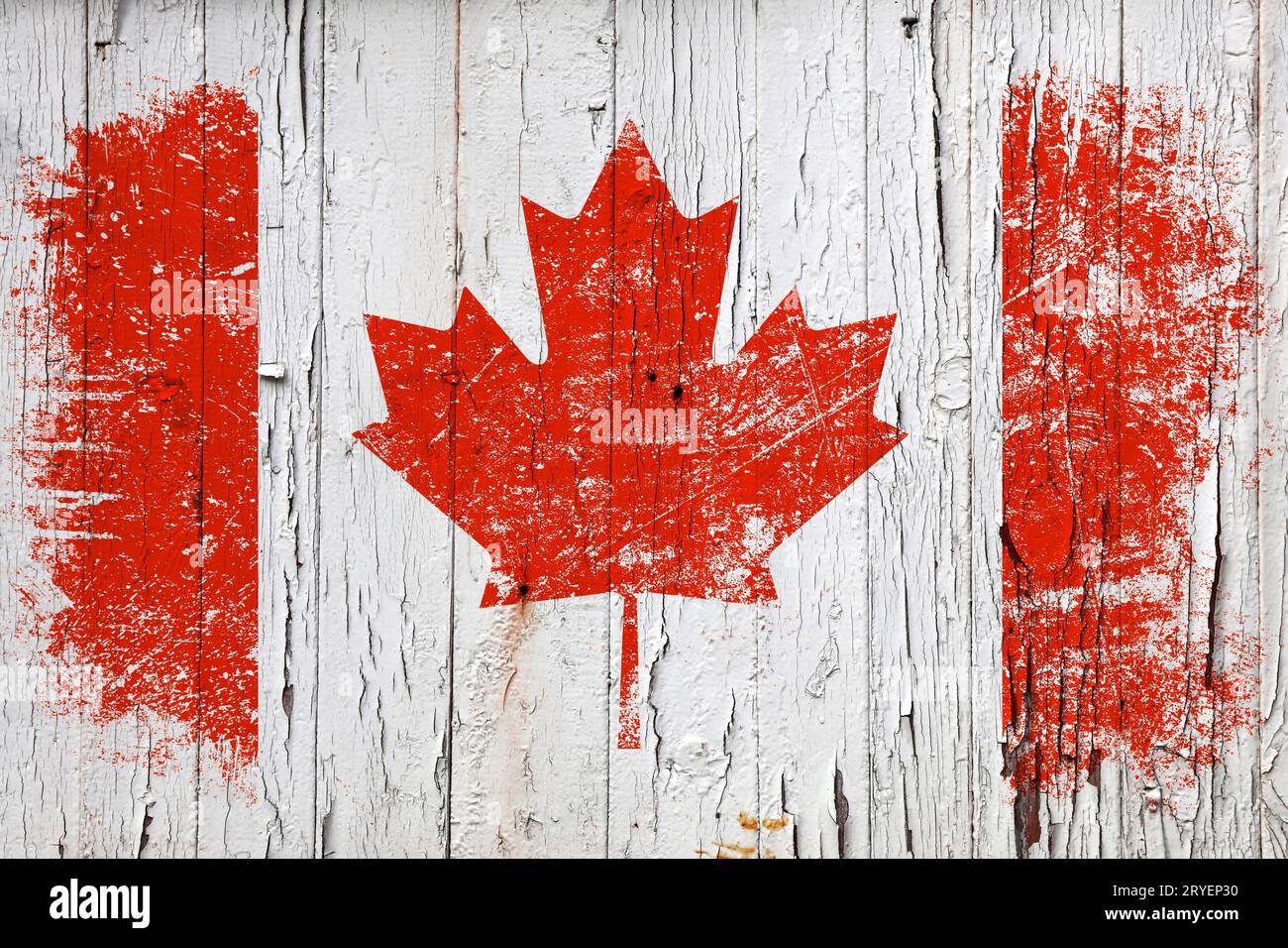 Grunge bandiera canadese su vecchio legno dipinto di bianco Foto Stock