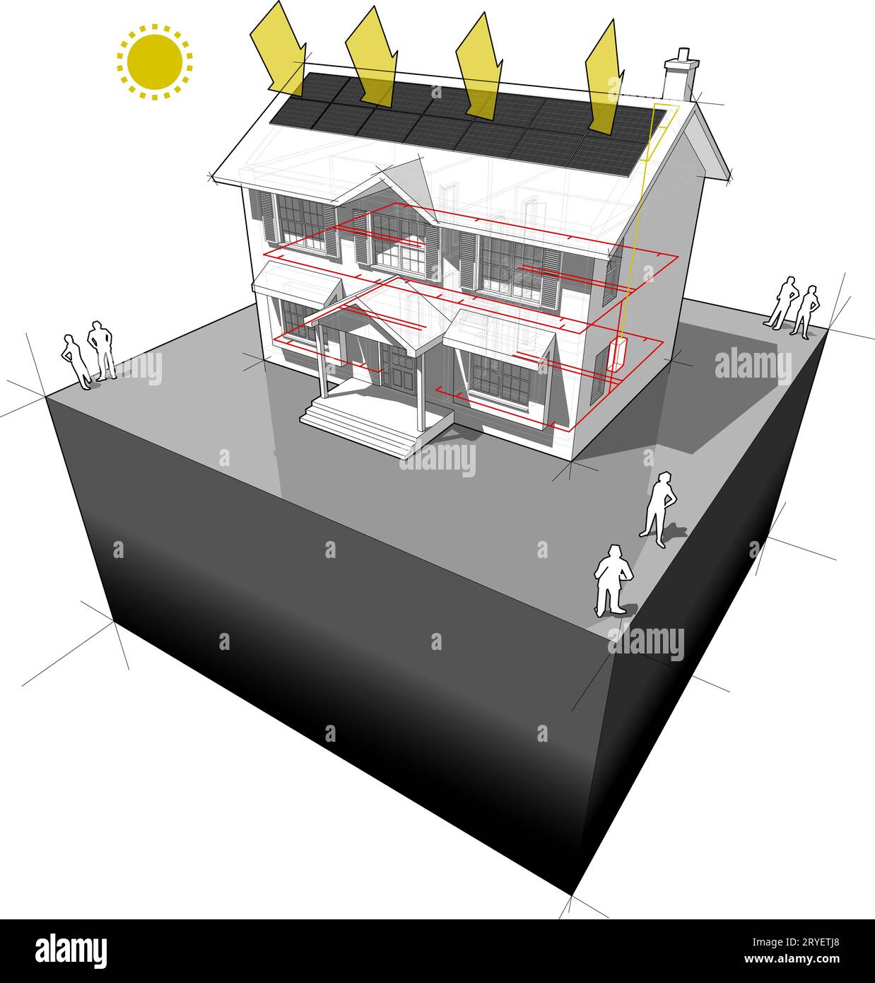Schema di una classica casa coloniale con pannelli fotovoltaici sul tetto Foto Stock