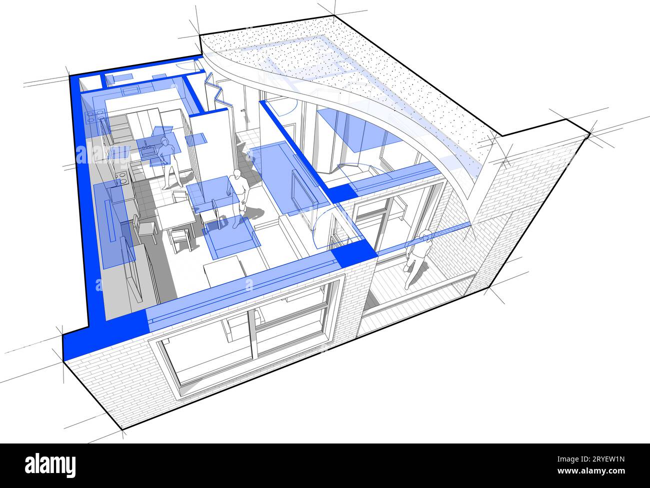 Schema in sezione di un appartamento con una camera da letto completamente arredato con tetto piatto Foto Stock