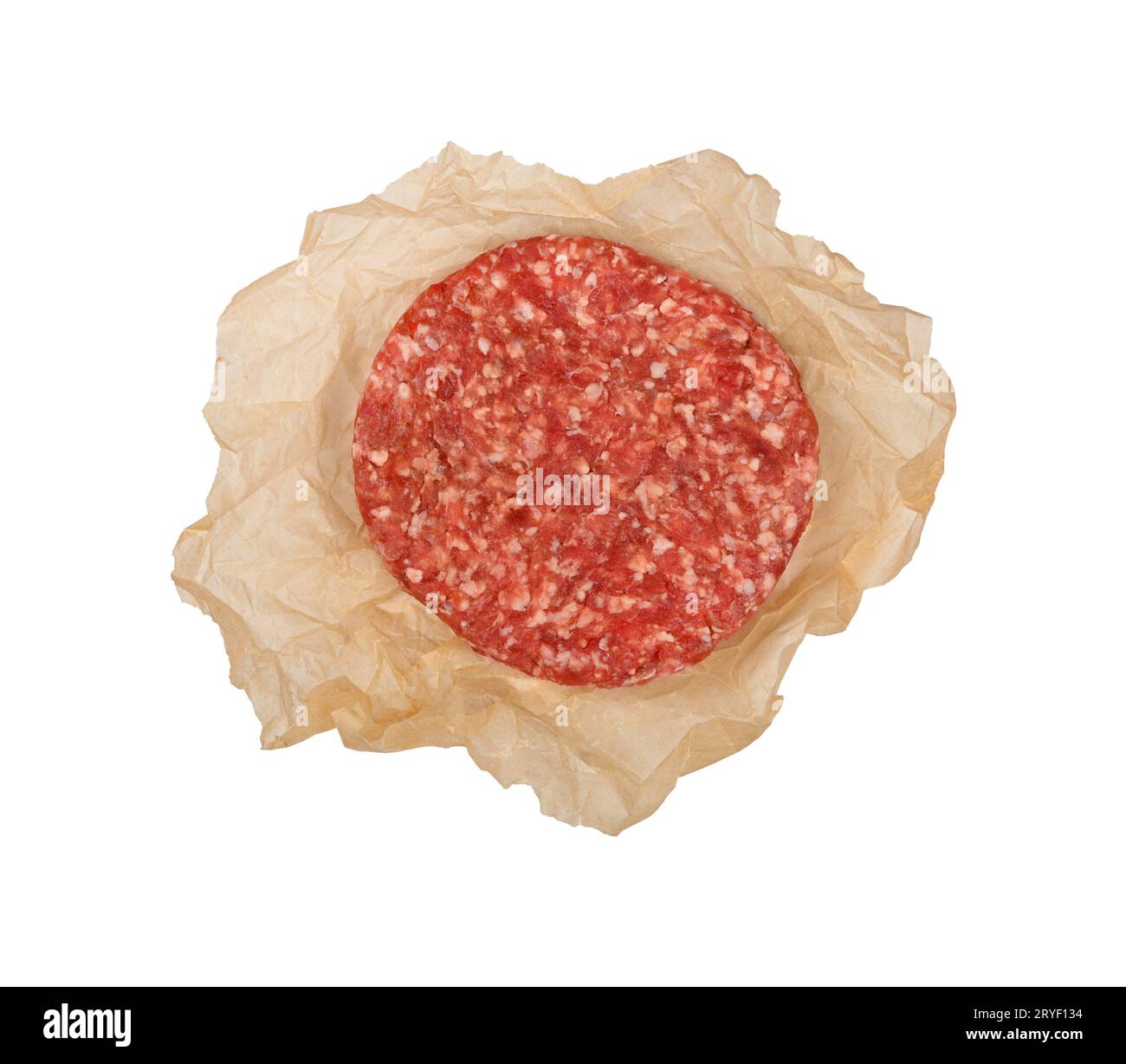 Un hamburger di carne di manzo crudo isolato su bianco Foto Stock