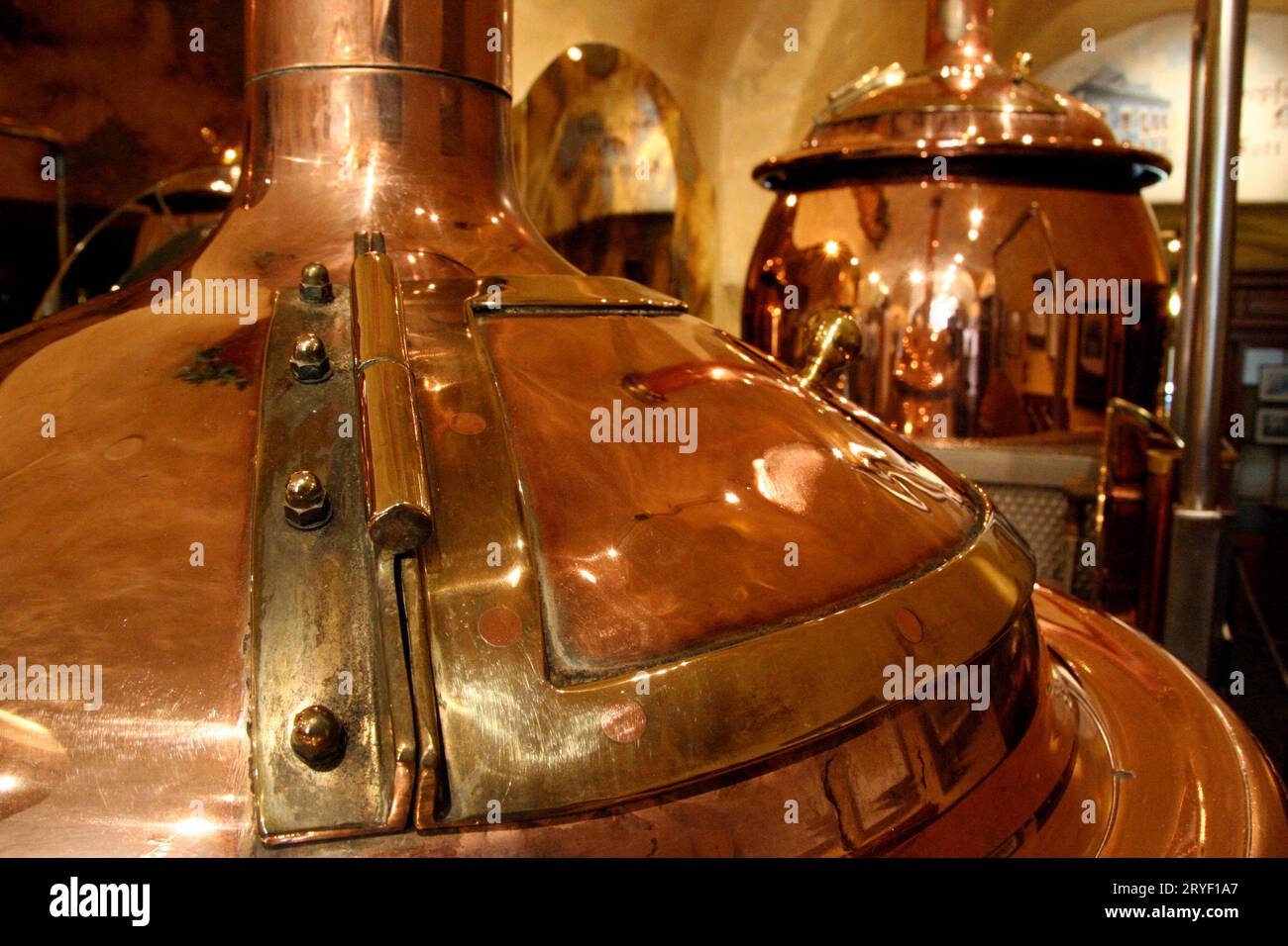 Preparare la birra in un bollitore in un piccolo birrificio Foto Stock