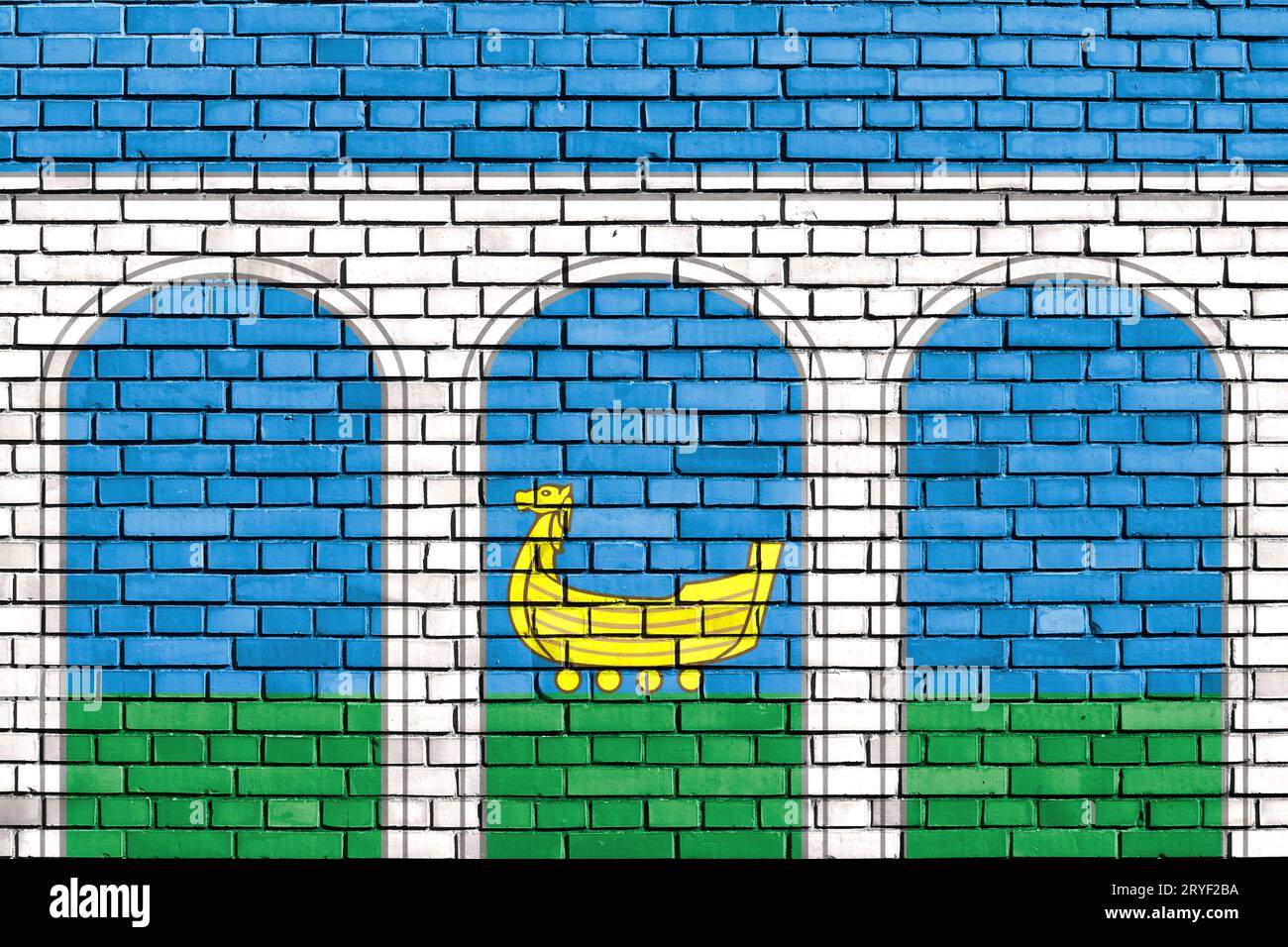Bandiera di Mytishchi dipinta su un muro di mattoni Foto Stock
