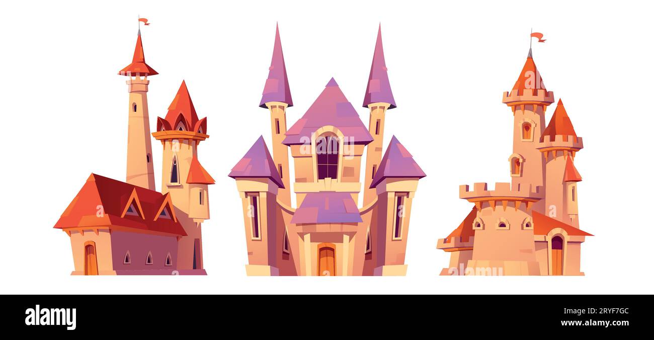 Set vettoriale di cartoni animati da favola rosa del castello della principessa. Torre del mondo del regno delle favole magiche per una storia fantastica per bambini. Architettura medievale della residenza reale p Illustrazione Vettoriale