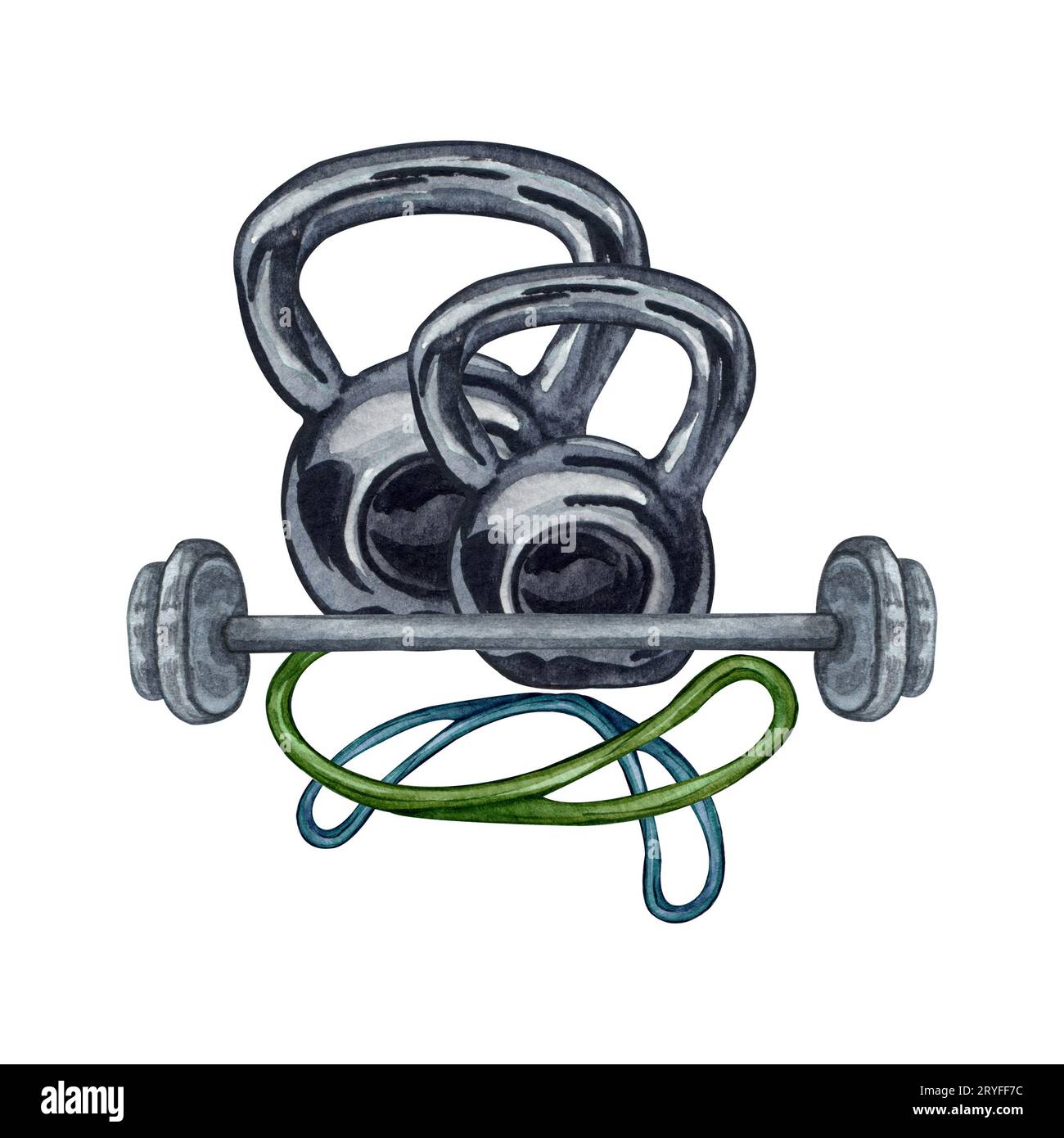 Acquerello illustrazione di diverse attrezzature per palestra, attrezzi per fitness e sport indoor. Foto Stock