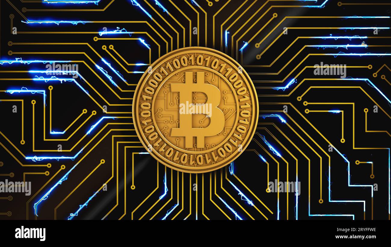 Bitcoin lampeggia su una scheda a circuiti stampati Foto Stock