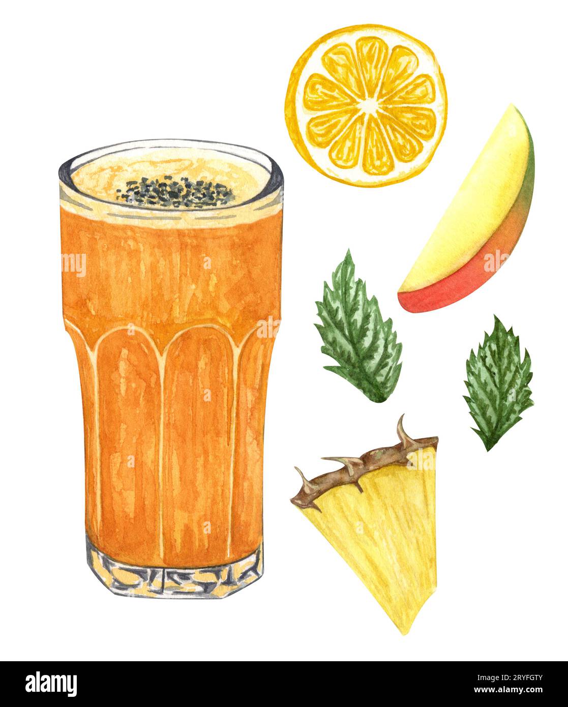 Acquerello disegnato a mano raffigurante la juise fresca estiva. Succo naturale sano isolato sullo sfondo bianco Foto Stock