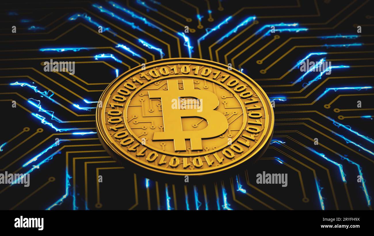 Bitcoin lampeggia su una scheda a circuiti stampati Foto Stock