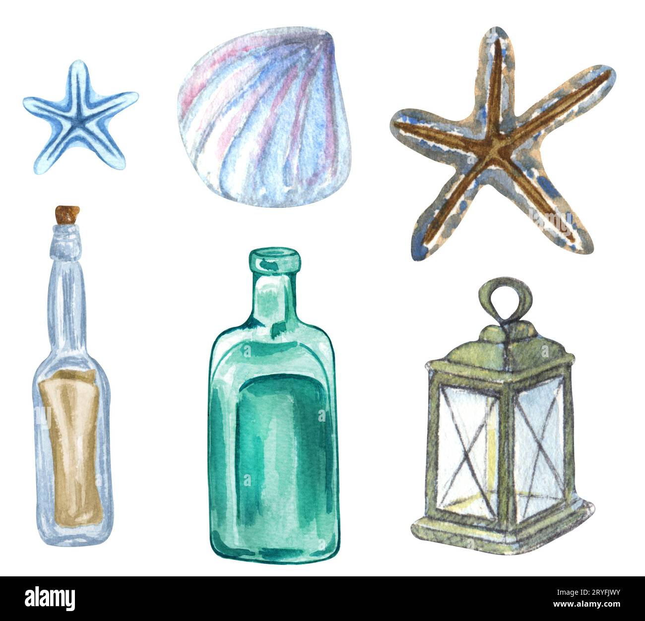 Insieme nautico di elementi diversi. Acquerelli illustrazioni. Conchiglia, lanterna, bottiglia vuota, lettera in bottiglia. Foto Stock