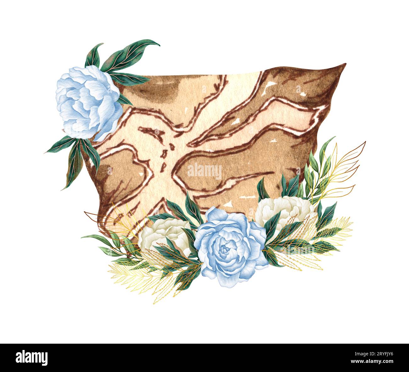 Acquerello disegnato a mano con illustrazioni nautiche, marine e floreali con vecchia mappa e disposizione del bouquet di fiori Foto Stock