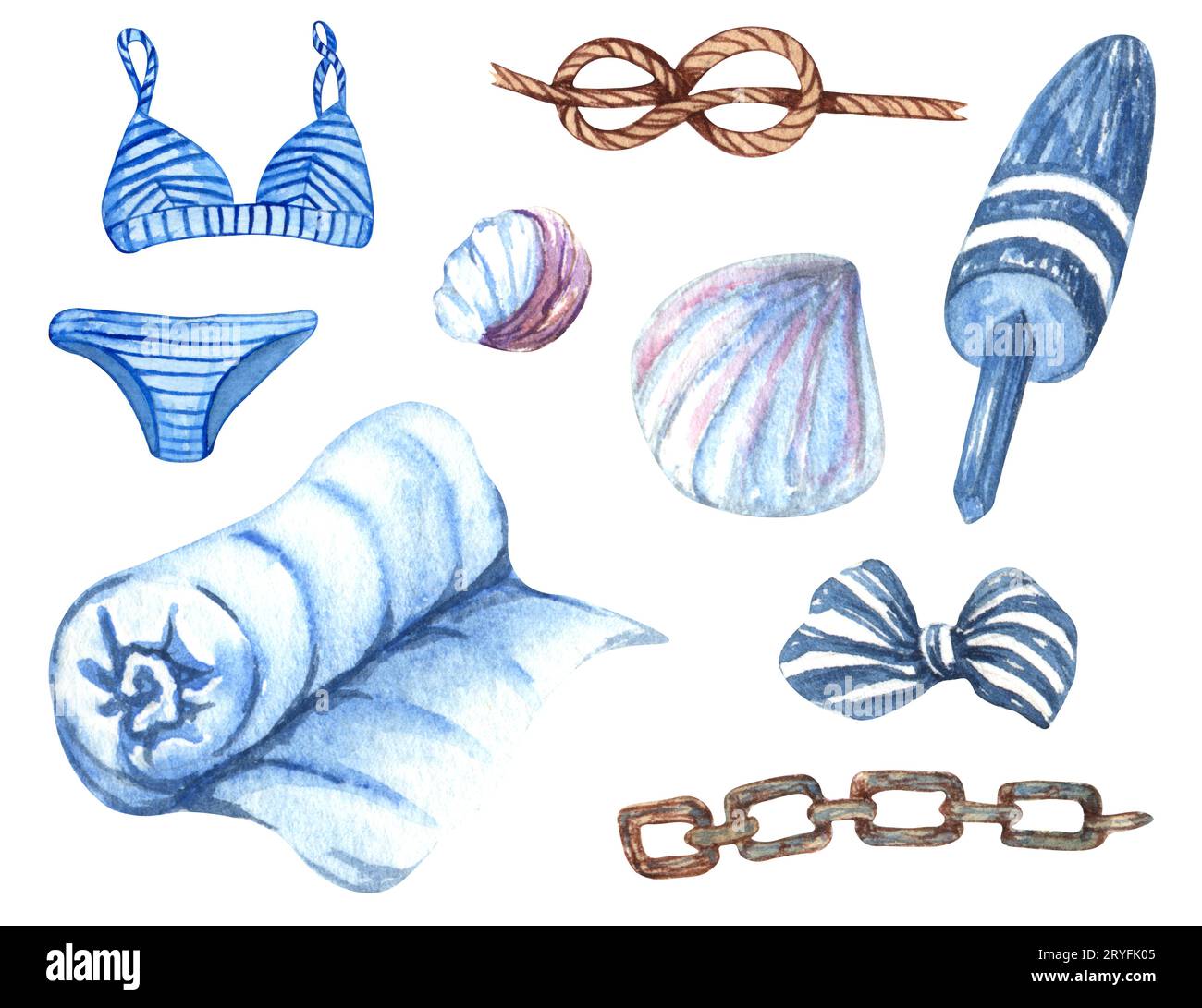 Set nautico di elementi diversi. Illustrazioni acquerello. Conchiglia, corda vecchia, arco di sfocatura, telo mare. Foto Stock