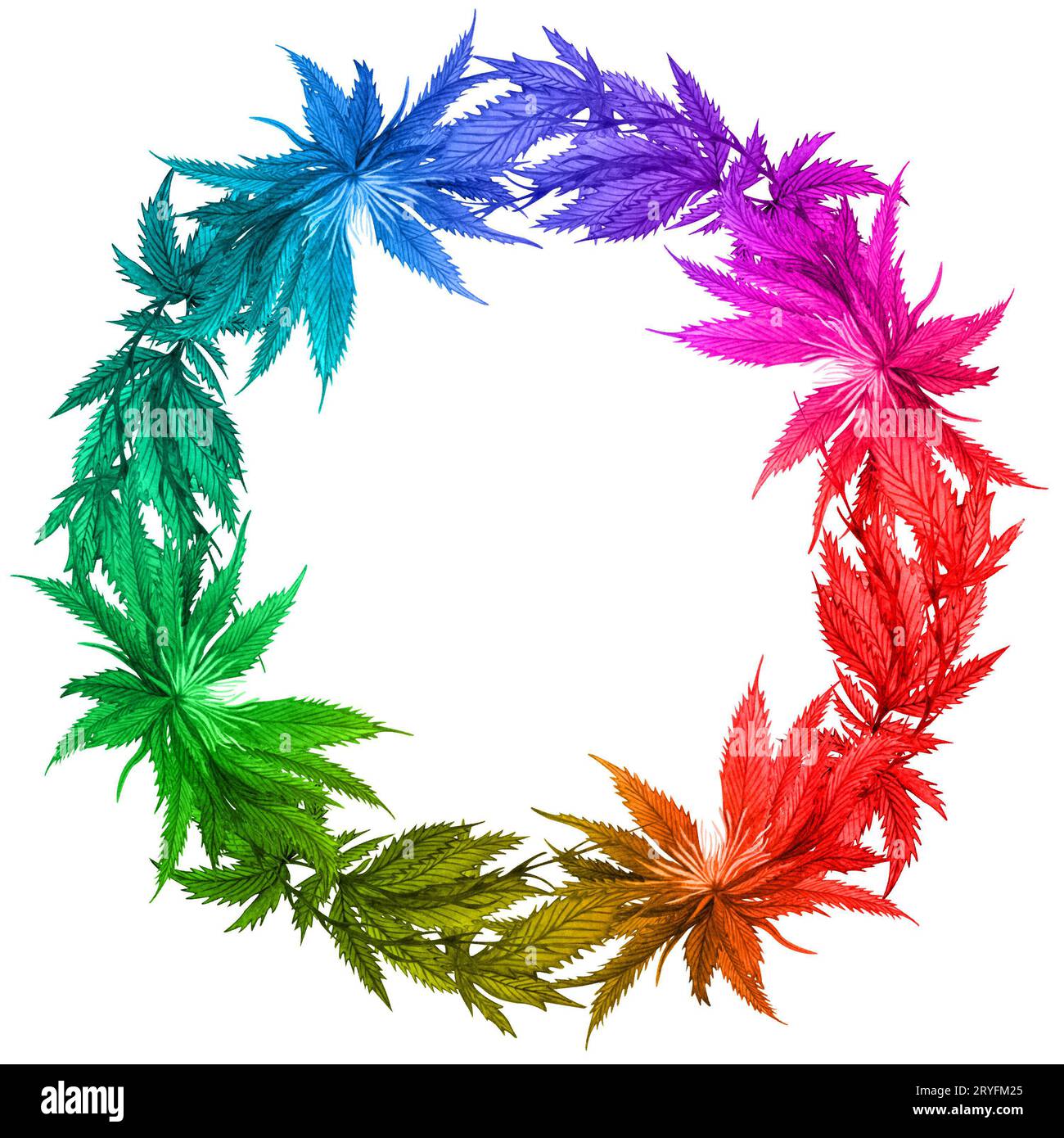 Cornice in cannabis arcobaleno ad acquerello. Corona di piante di canapa selvatica disegnata a mano per biglietti di auguri, logo, cornice o bordo Foto Stock
