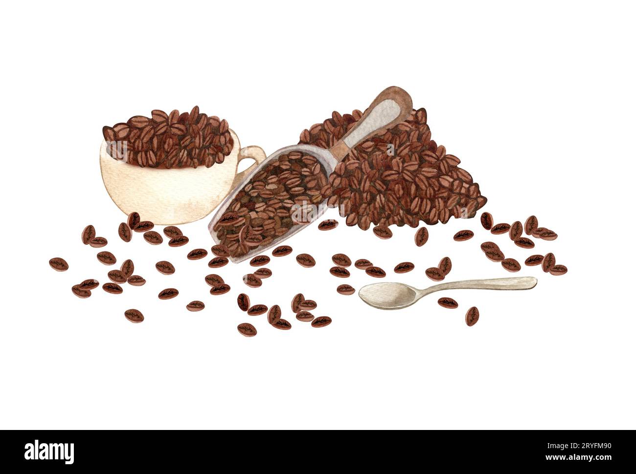 Set da caffè ad acquerello. Chicchi di caffè, macchina per caffè vintage, candela, cannella. Elementi di caffè disegnati a mano. Estetica della colazione. ca Foto Stock