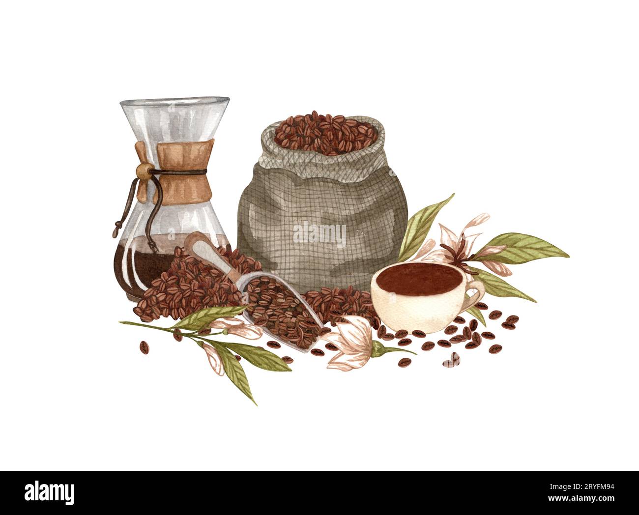 Set da caffè ad acquerello. Chicchi di caffè, macchina per caffè vintage, pianta, pentola. Composizione del caffè disegnato a mano. Estetica della colazione. carte Foto Stock