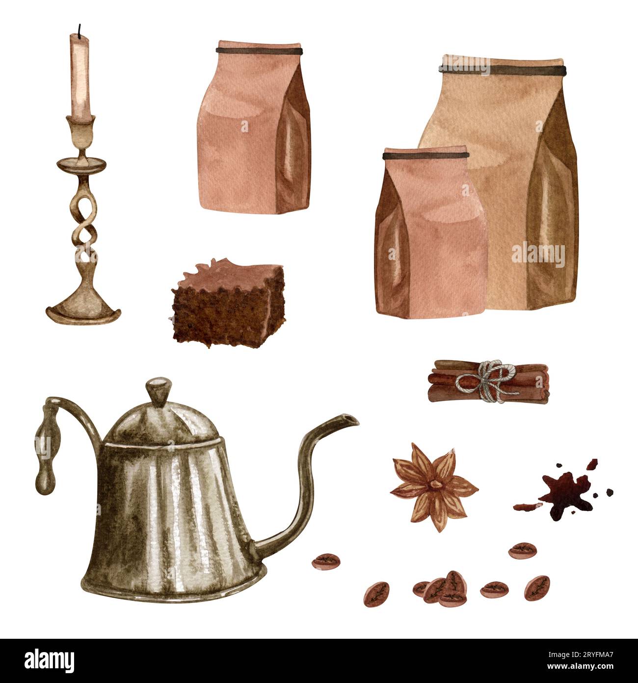Set da caffè acquerello. Chicchi di caffè, macchina per caffè d'epoca, candela, cannella. Caffè estratto a mano. Estetica della colazione, carte, logo, menu, desig Foto Stock