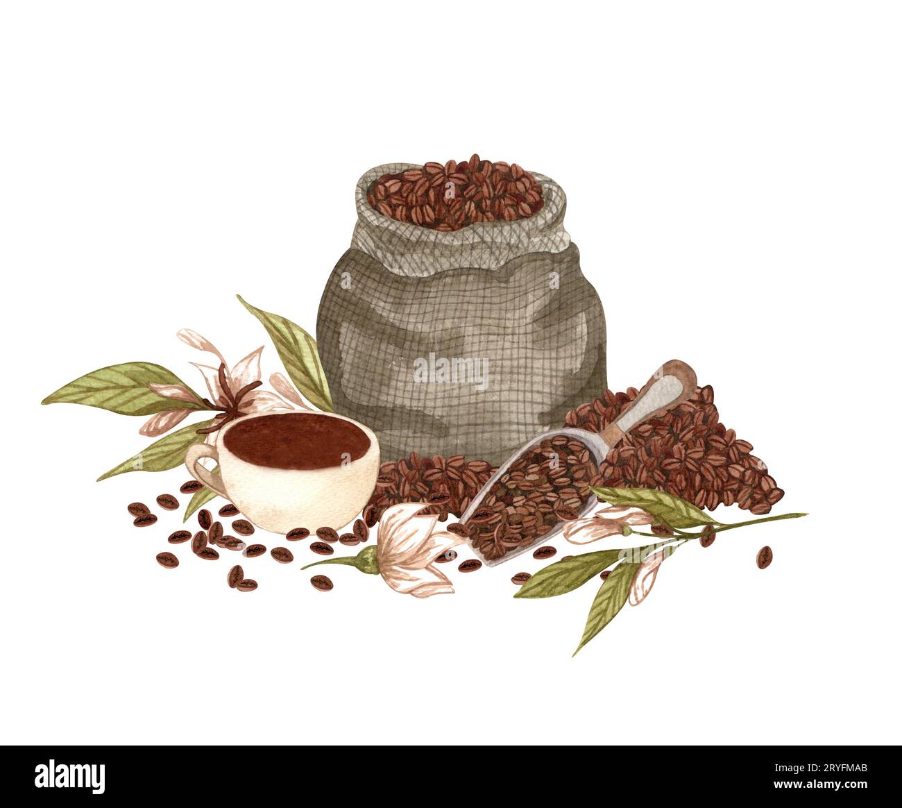 Set da caffè ad acquerello. Chicchi di caffè, macchina per caffè vintage, pianta, pentola. Composizione del caffè disegnato a mano. Estetica della colazione. carte Foto Stock