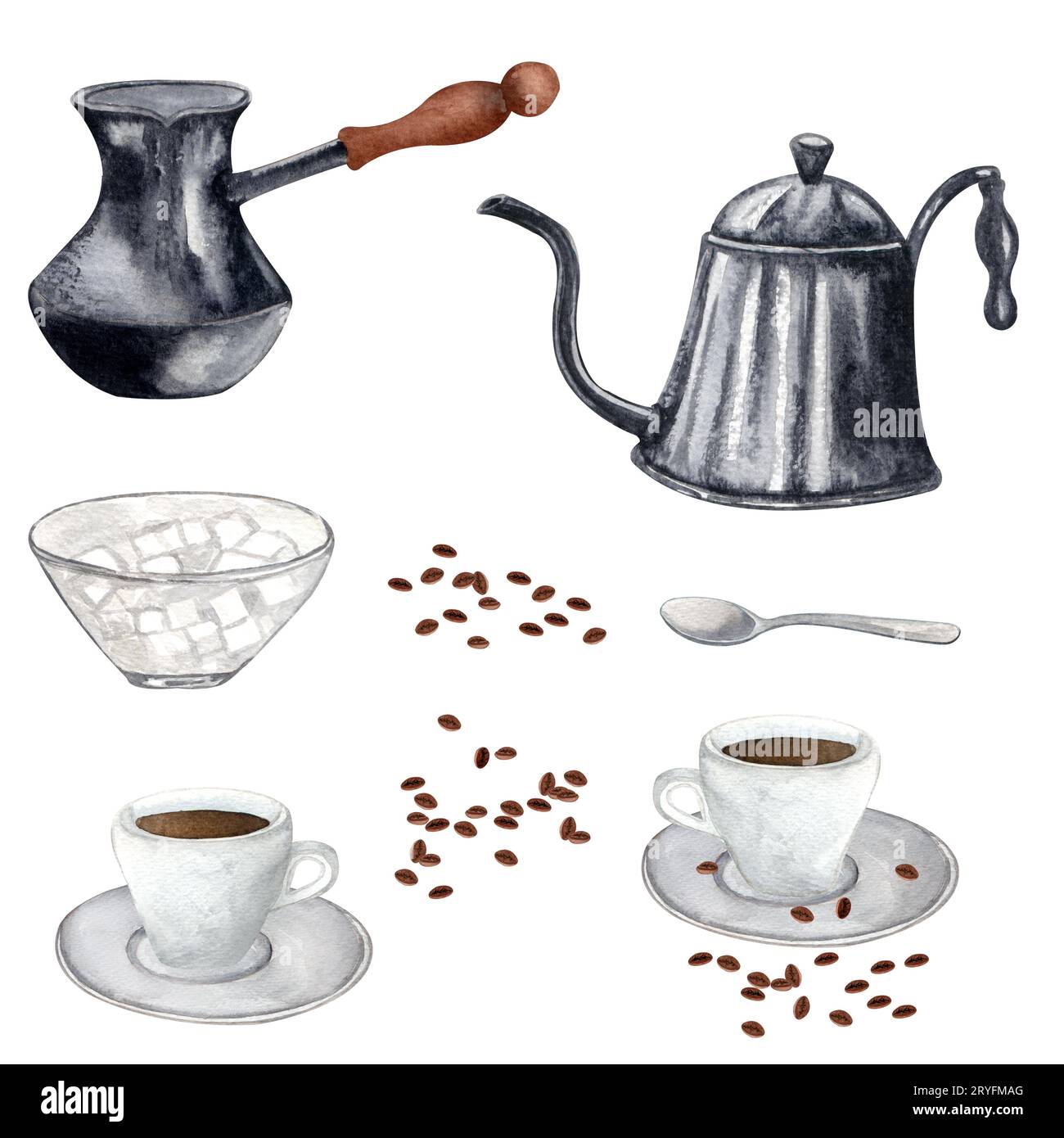 Set da caffè acquerello. Chicchi di caffè, macchina per caffè d'epoca, candela, cannella. Caffè estratto a mano. Estetica della colazione, carte, logo, menu, desig Foto Stock