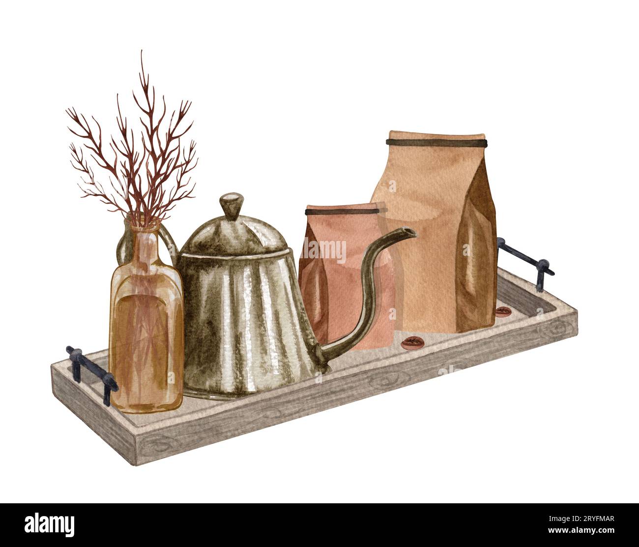 Set da caffè ad acquerello. Chicchi di caffè, macchina per caffè vintage, pianta, pentola. Composizione del caffè disegnato a mano. Estetica della colazione. carte Foto Stock