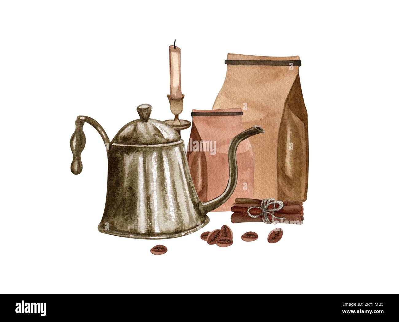 Set da caffè ad acquerello. Chicchi di caffè, macchina per caffè vintage, pianta, pentola. Composizione del caffè disegnato a mano. Estetica della colazione. carte Foto Stock