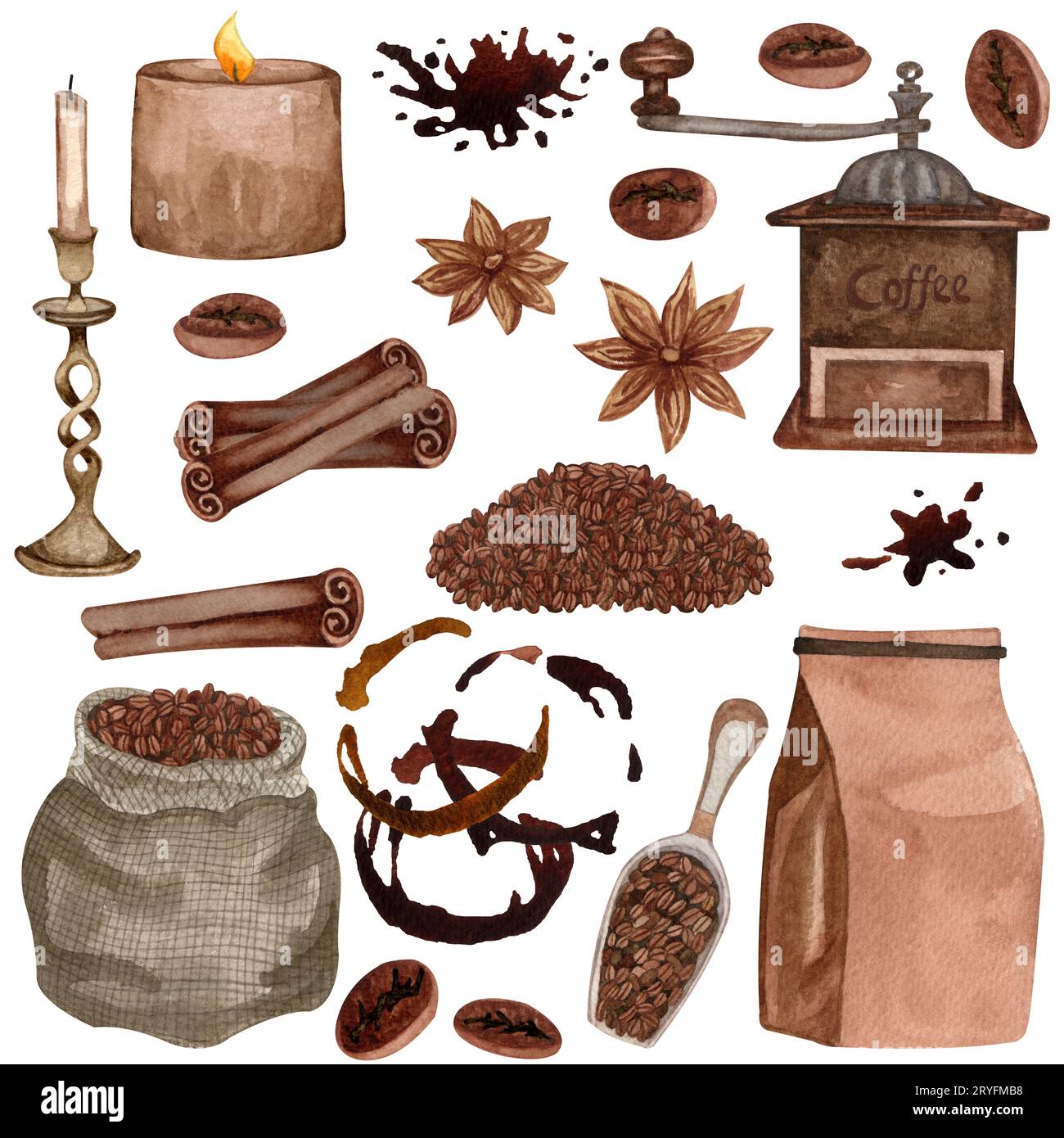 Set da caffè ad acquerello. Chicchi di caffè, macchina per caffè vintage, candela, cannella. Elementi di caffè disegnati a mano. Estetica della colazione. ca Foto Stock