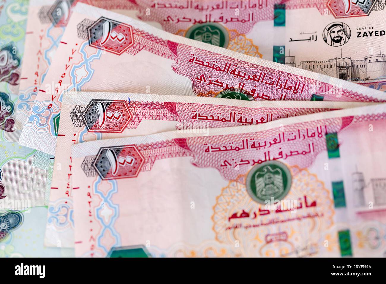 Dirham degli Emirati Arabi Uniti, carta moneta, una e cinquecento banconote di dirham, vista ravvicinata Foto Stock