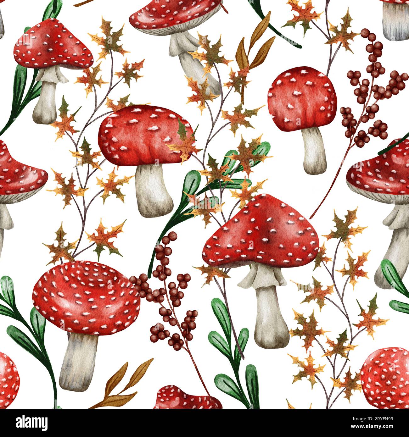 Acquerello motivi naturali senza cuciture. Fondo di funghi rosso veleno anticaduta. Illustrazione a forma di funghi rossi disegnata a mano. Panno pa Foto Stock