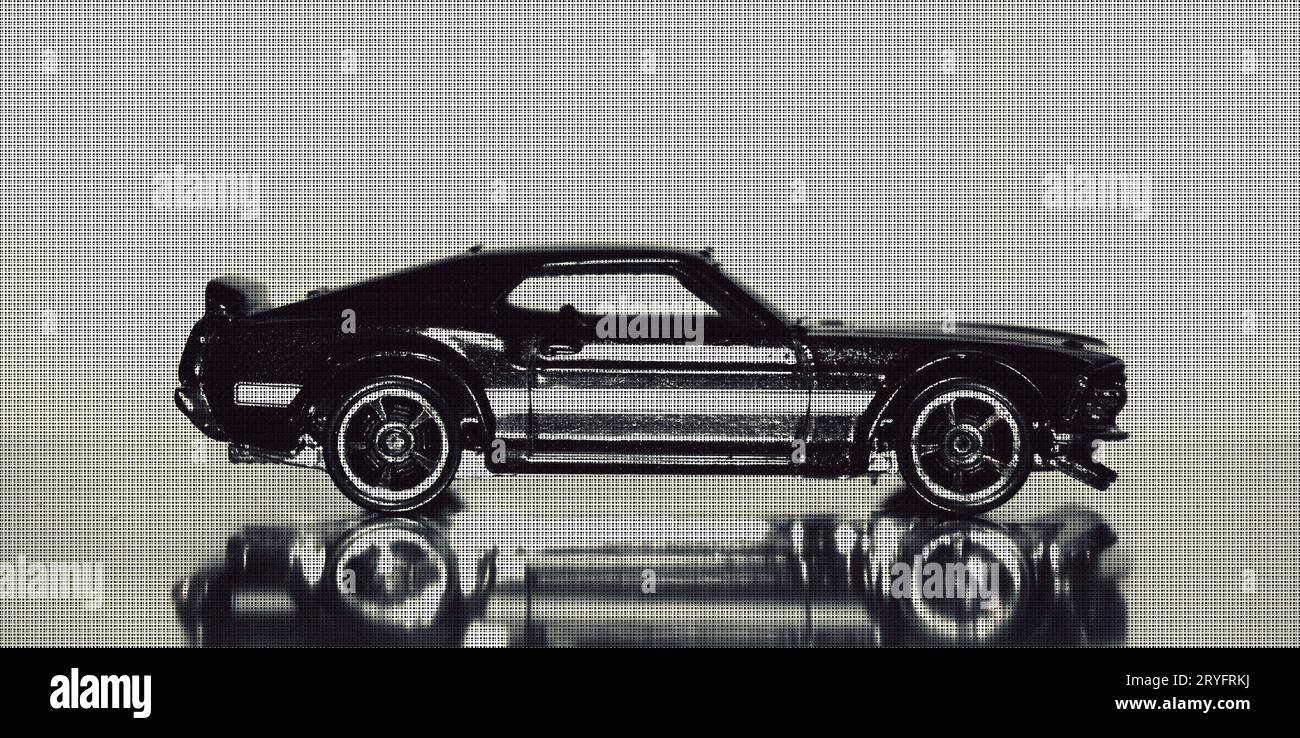 Una foto macro del giocattolo in bianco e nero della muscle car americana degli anni '1970 che si riflette sulla strada, con una sovrapposizione a punti. Foto Stock