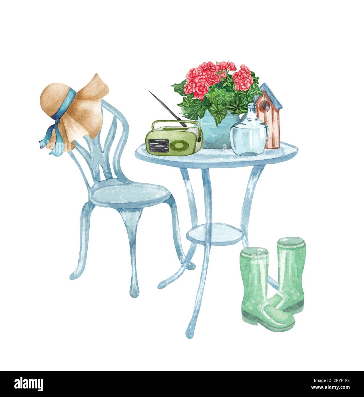 Set di acquerelli di oggetti da giardino tavolo con sedia, stivali in gomma, annaffiatoio, vaso da fiori, cappello, radio. Attrezzi da giardinaggio. Molla ga Foto Stock