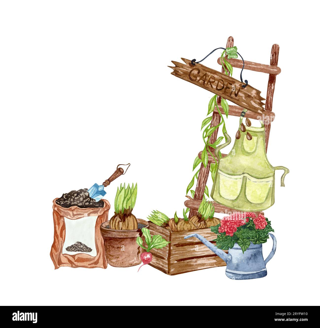 Acquerello set di oggetti da giardino scala, flowerpot, compost, upron, liana, semi. Attrezzi di giardinaggio. Illustrazione del giardino di primavera. Foto Stock