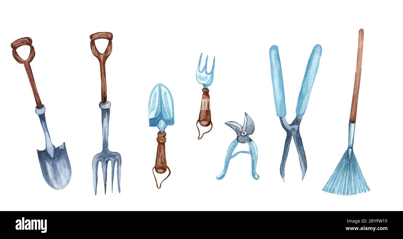 Set acquerello di oggetti da giardino. Attrezzi di giardinaggio. Illustrazione del giardino di primavera. Foto Stock