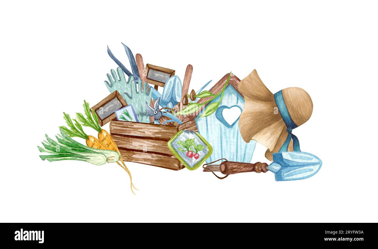 Acquerello set di oggetti giardino un sacco di fango, annaffiatoio, flowerpot, semi. Attrezzi di giardinaggio. Illustrazione del giardino di primavera. Foto Stock
