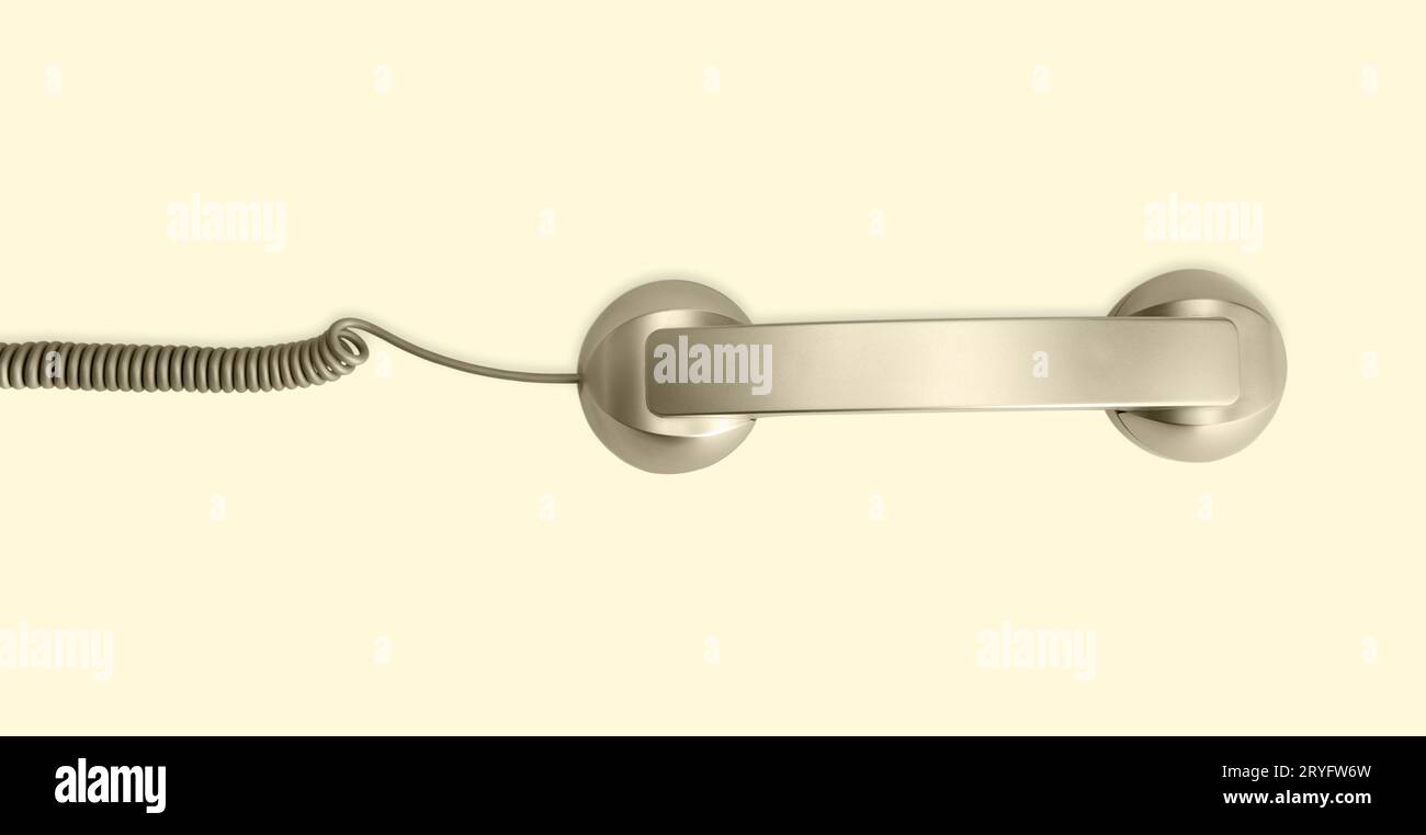 Telefono cellulare isolato su sfondo beige. Contact us banner. Vista dall'alto Foto Stock