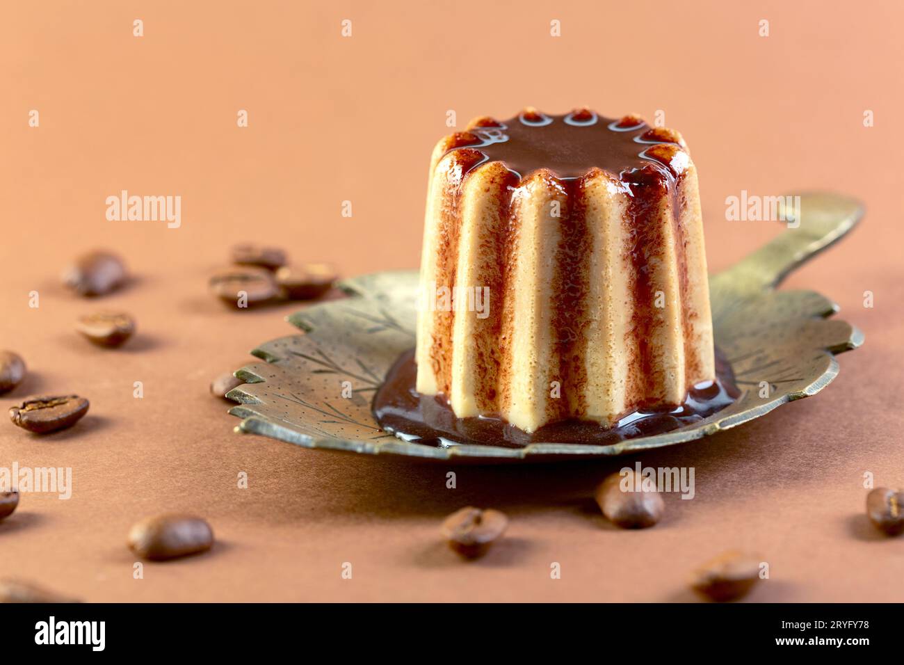 Panna cotta al caffè con salsa al cioccolato. Foto Stock
