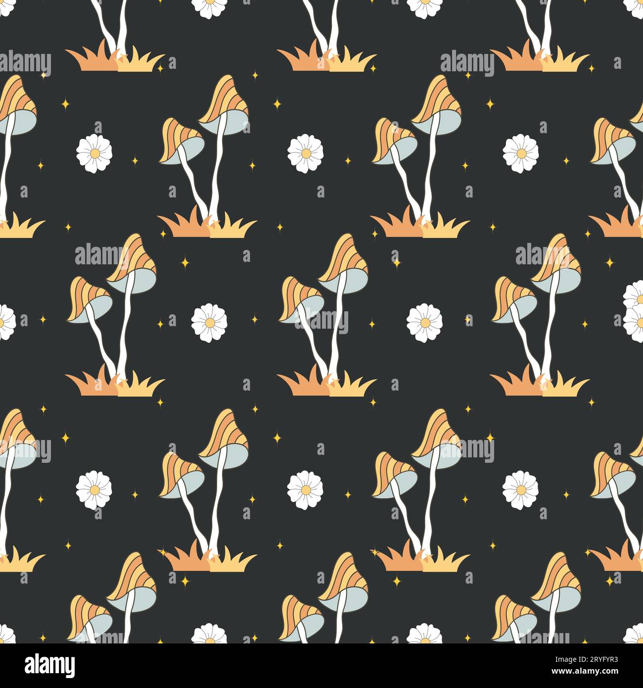 Modello senza cuciture con funghi ruvidi. Agarico vintage astratto. Illustrazione vettoriale hippie in stile cartone animato piatto. Background psichedelico Illustrazione Vettoriale