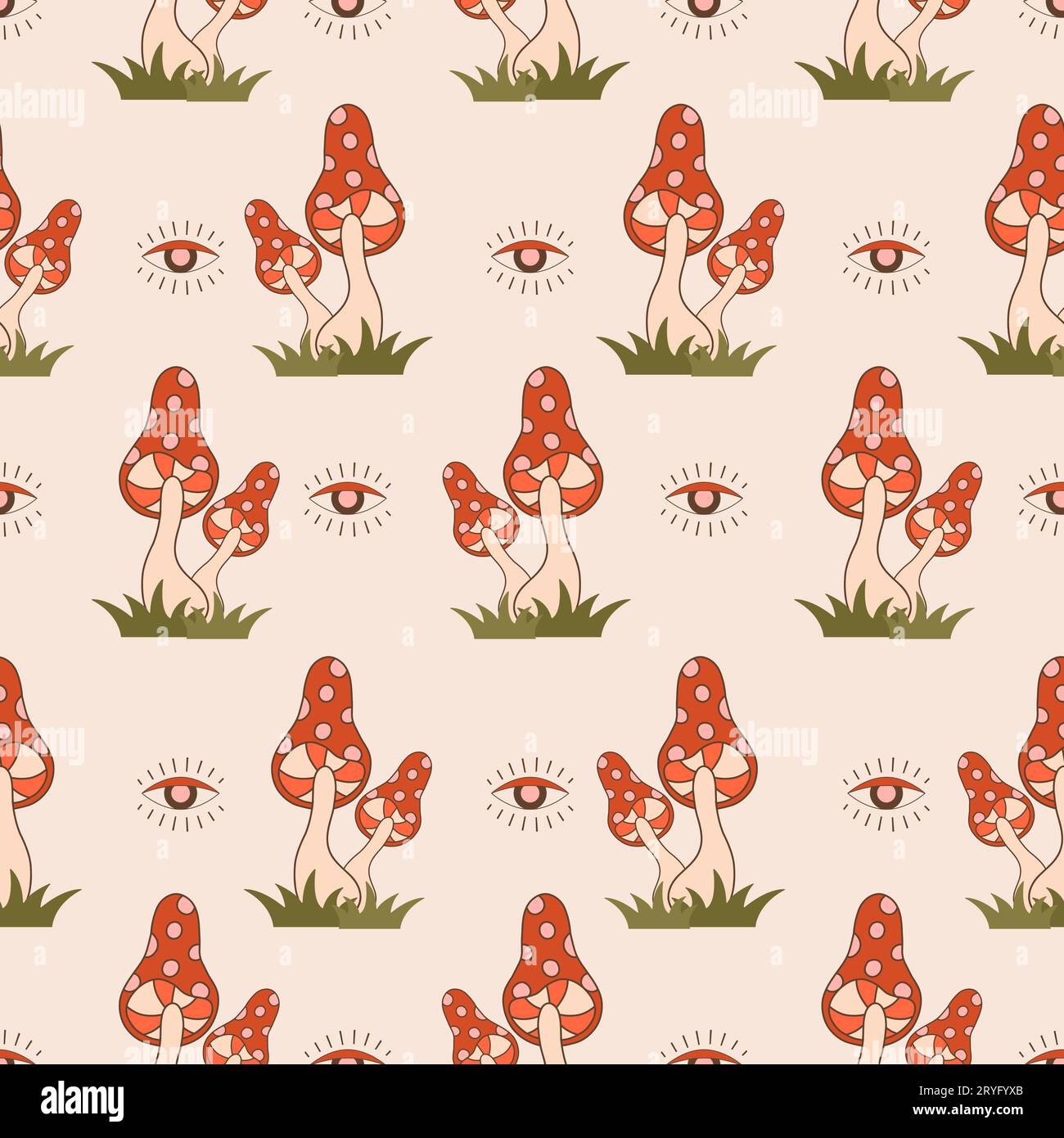 Modello senza cuciture con funghi ruvidi. Agarico vintage astratto. Illustrazione vettoriale hippie in stile cartone animato piatto. Background psichedelico Illustrazione Vettoriale