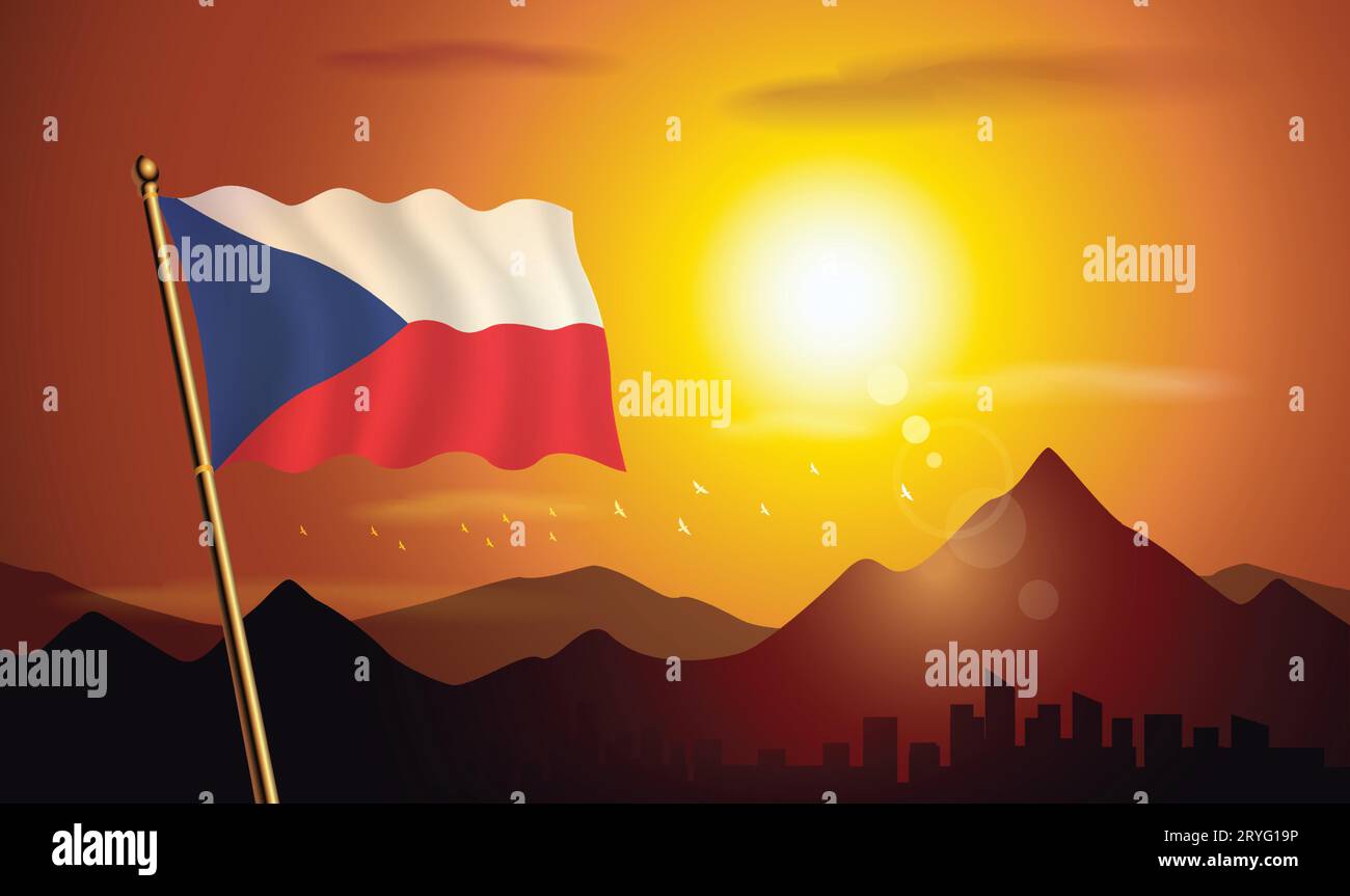 Bandiera della Repubblica Ceca con sfondo al tramonto di montagne e laghi Illustrazione Vettoriale