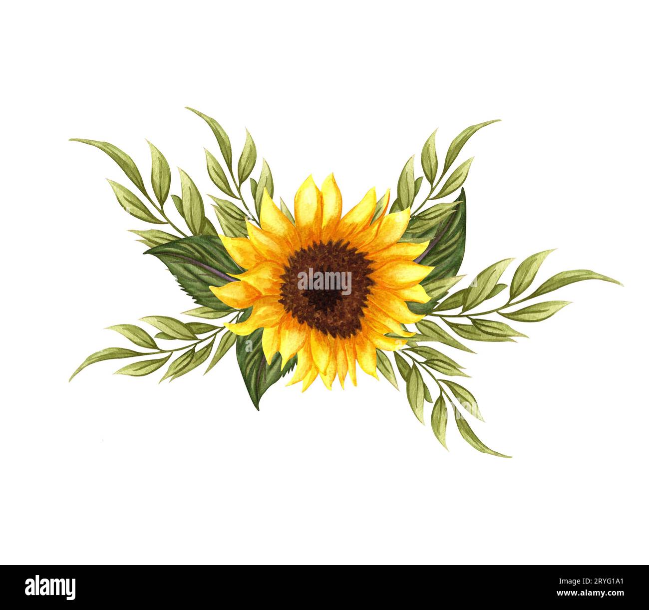 Corona floreale ad acquerello con girasoli, foglie, fogliame, rami, foglie di felce, e inserire il testo. Autumnâ girasoli Foto Stock