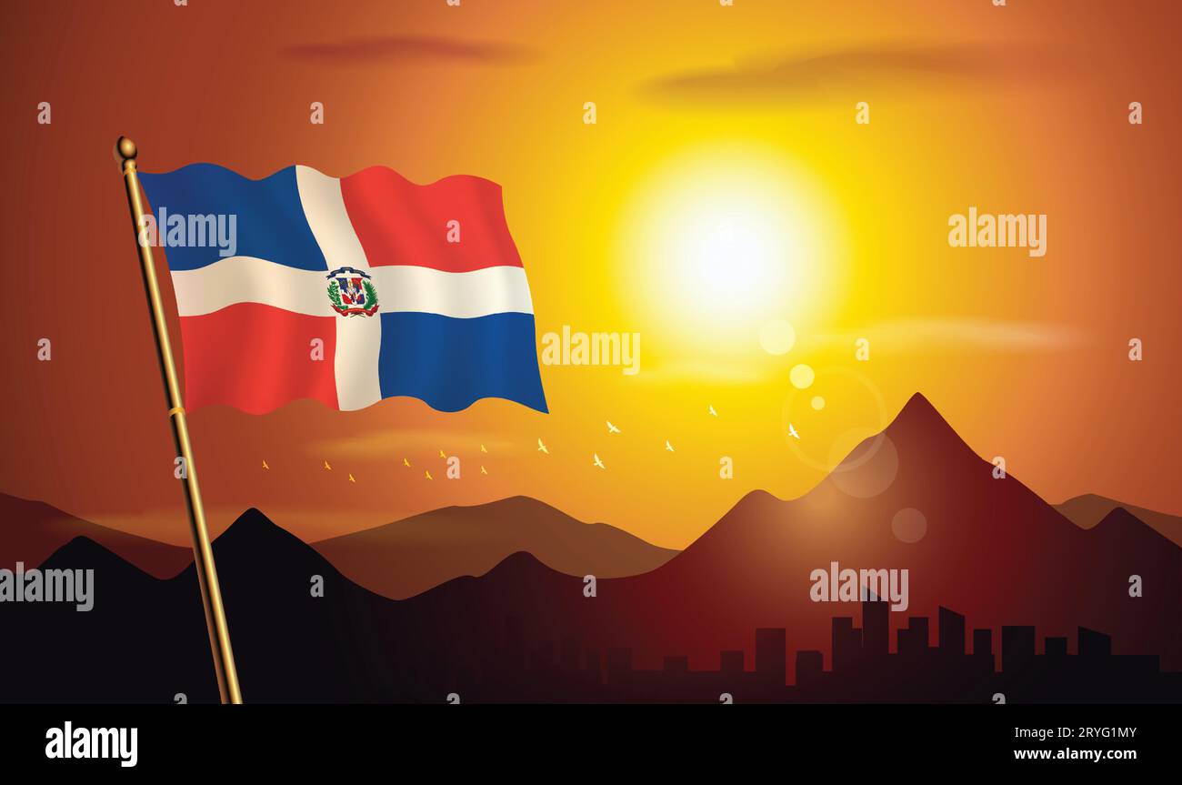 Bandiera della Repubblica Dominicana con sfondo al tramonto di montagne e laghi Illustrazione Vettoriale