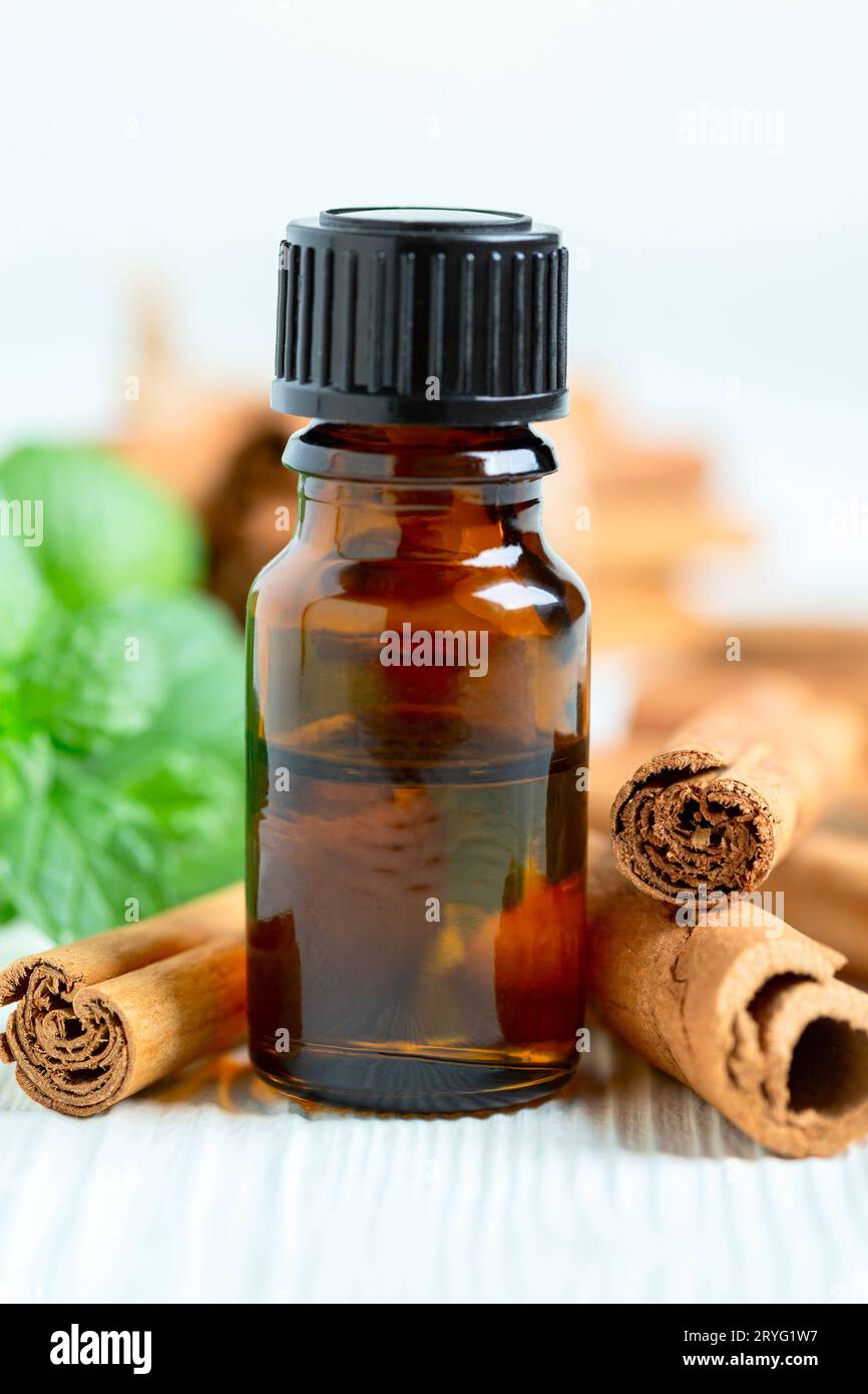 Olio essenziale di cannella per SPA. Foto Stock